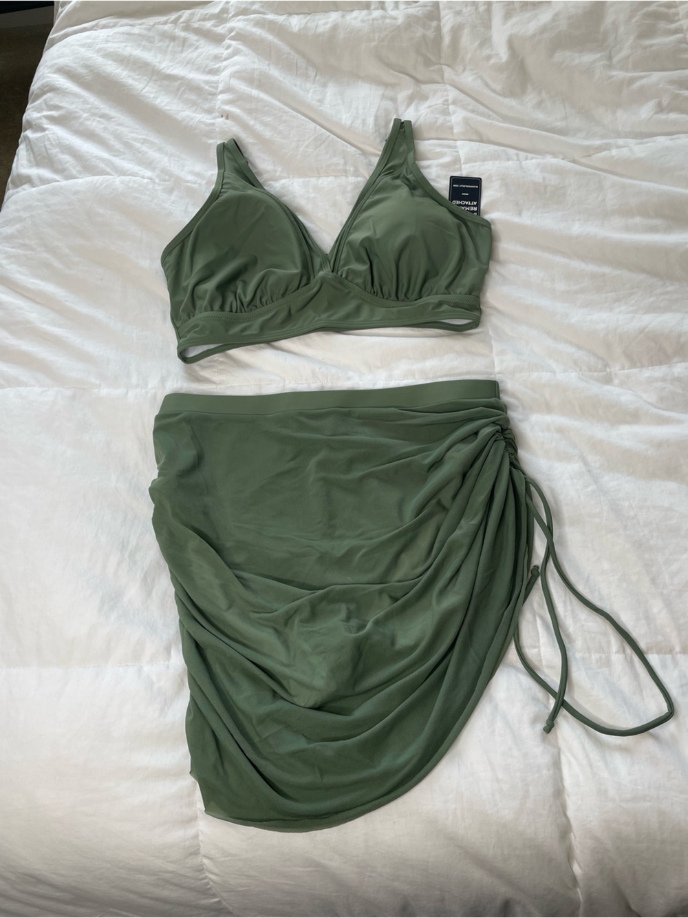 Blooming Jelly 3 Pc Olive Green Swim Set XL Bikini Cover Up Sarong NWT